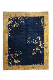 Antique Chinese decorative rug, 150x118 inches, featuring intricate patterns in blue and beige hues.